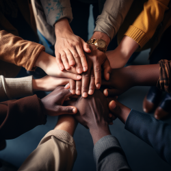 Celebrates the strength of support groups, featuring diverse individuals joining hands.