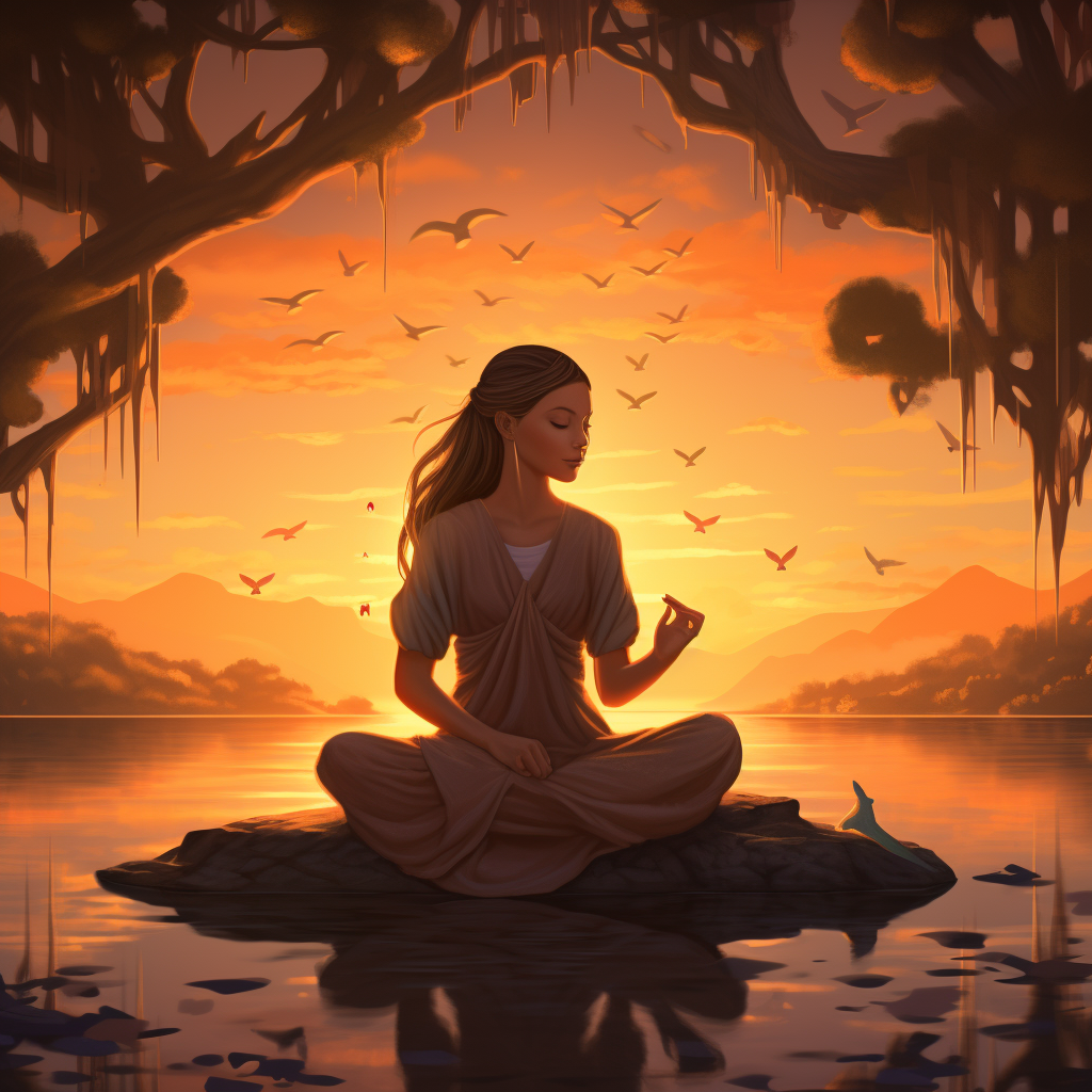 Inner peace and harmony, using meditative visuals and warm, calming tones.