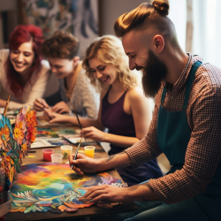 An image that highlights the therapeutic benefits of art, featuring people engaged in creative activities.