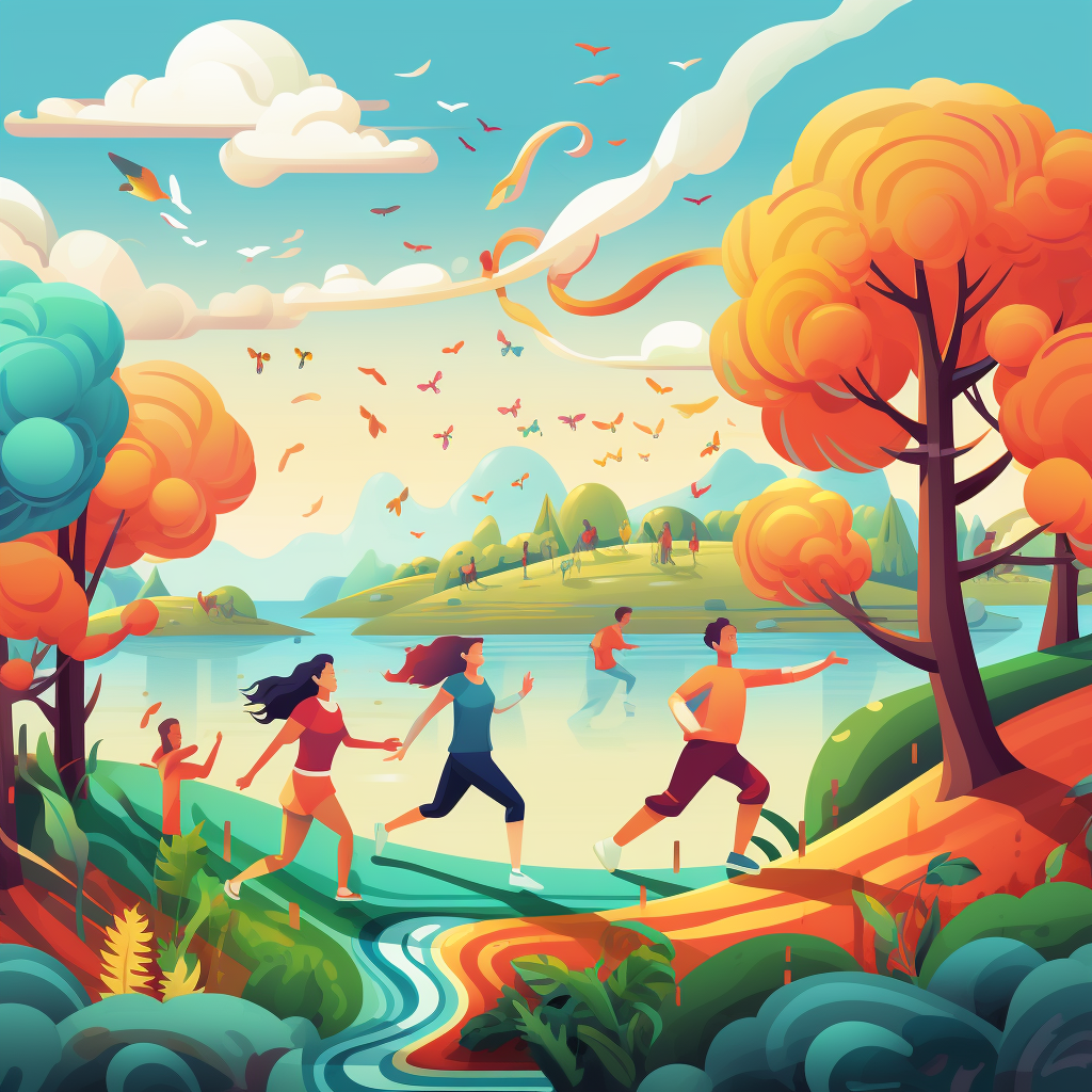 Showcases engaging activities for physical and mental well-being, using lively colors.