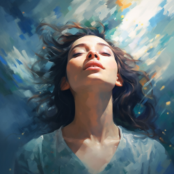 Journey of emotional healing, using expressive portraits and soothing color gradients.
